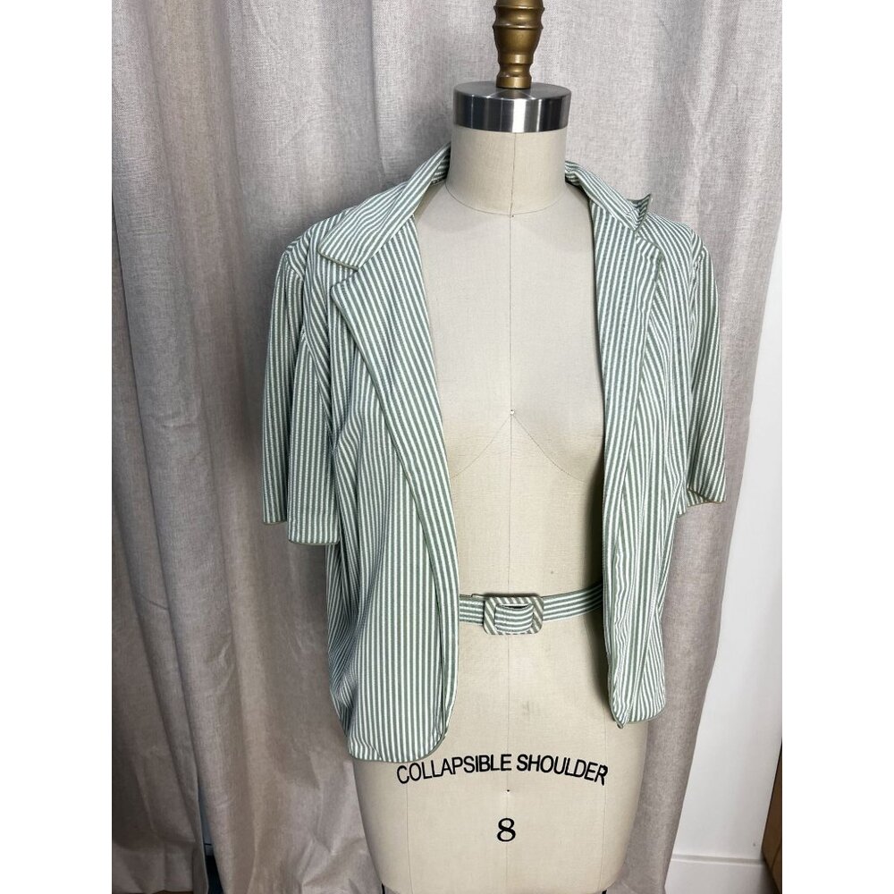 Vintage 1970s Serbin of Florida Green White Striped Short Sleeve Jacket w/ Belt